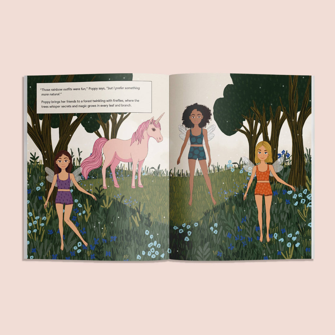 My Sticker Storybook Fairies and Unicorns interior spread featuring fairies and a pink unicorn in a magical forest