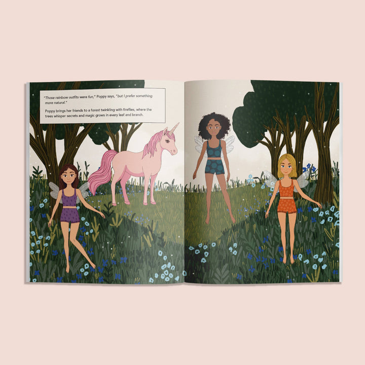 My Sticker Storybook Fairies and Unicorns interior spread featuring fairies and a pink unicorn in a magical forest
