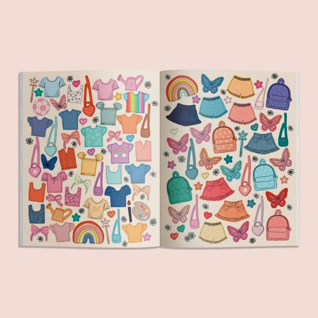 My Sticker Storybook Fairies and Unicorns sticker pages featuring colorful clothes, butterflies and accessories