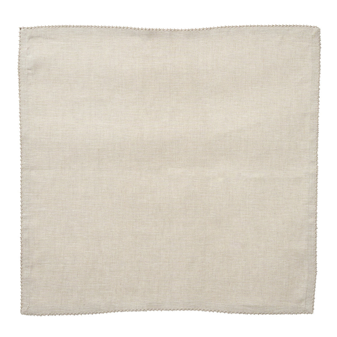 Natural linen dinner napkin laid flat to show its neutral woven texture and delicate crochet edge