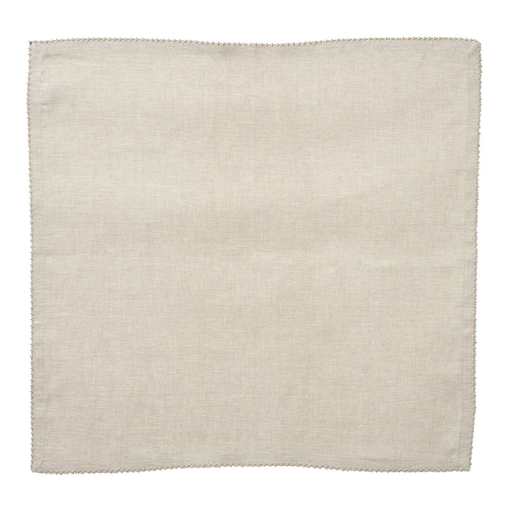 Natural linen dinner napkin laid flat to show its neutral woven texture and delicate crochet edge