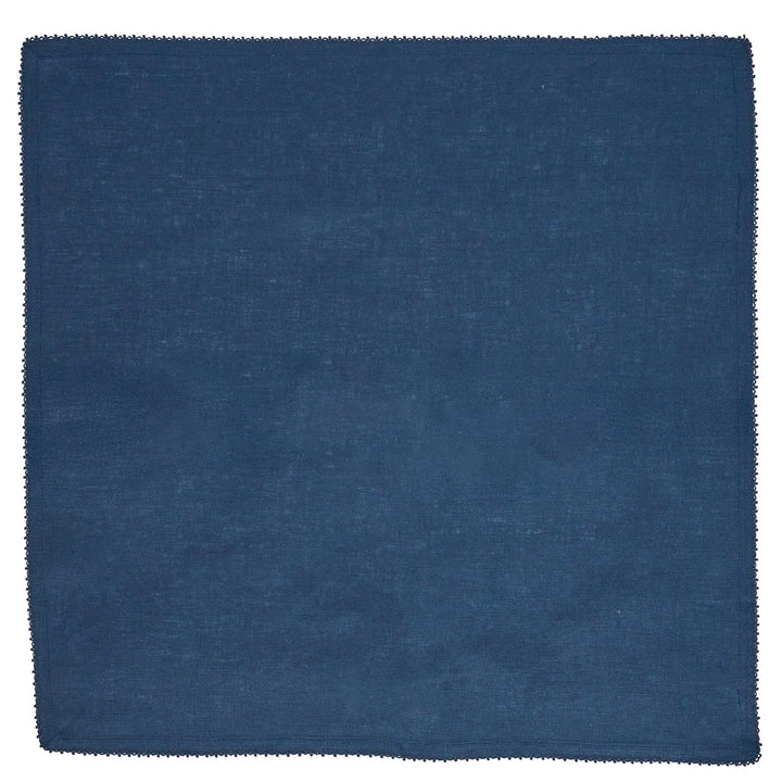Navy blue linen napkin laid flat to show its square shape, woven texture and delicate crochet edge detail