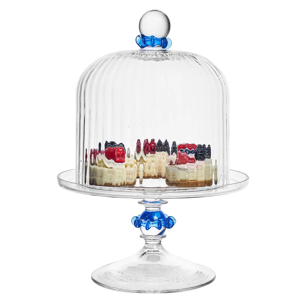 Nell Ruffle Chambray petite cake stand with clear glass dome and decorative ruffled blue edge