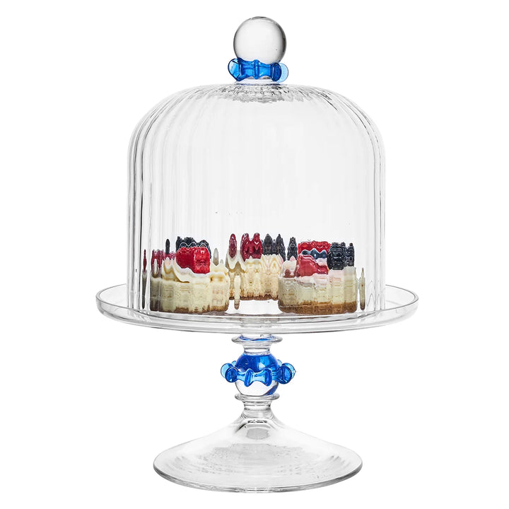 Nell Ruffle Chambray petite cake stand with clear glass dome and decorative ruffled blue edge