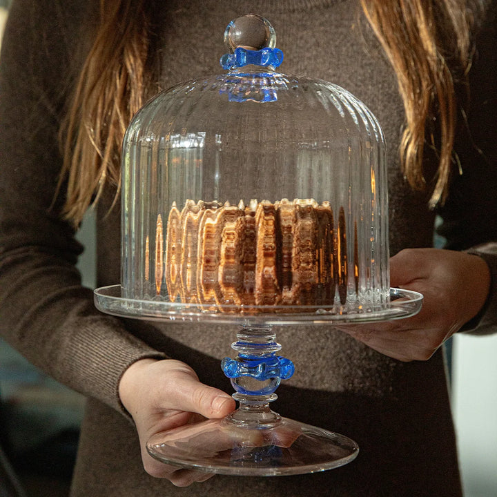 Nell Ruffle Chambray petite cake stand and dome styled for entertaining with desserts and coordinating serveware
