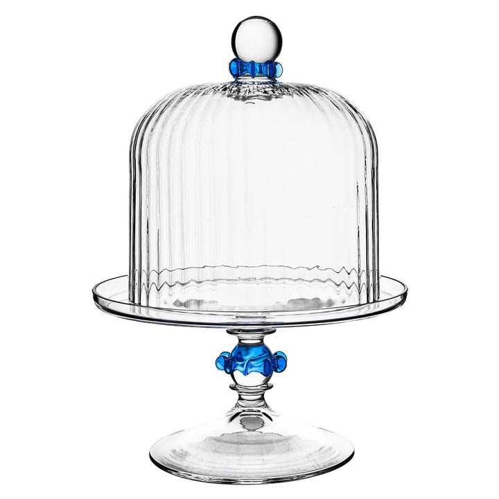 Nell Ruffle Petite Cake Dome &amp; Stand Set in Chambray featuring a clear glass dome and blue ruffled pedestal cake stand