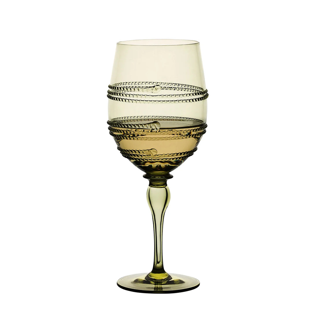 Olive green stemmed wine glass featuring decorative raised textured bands wrapped around the bowl