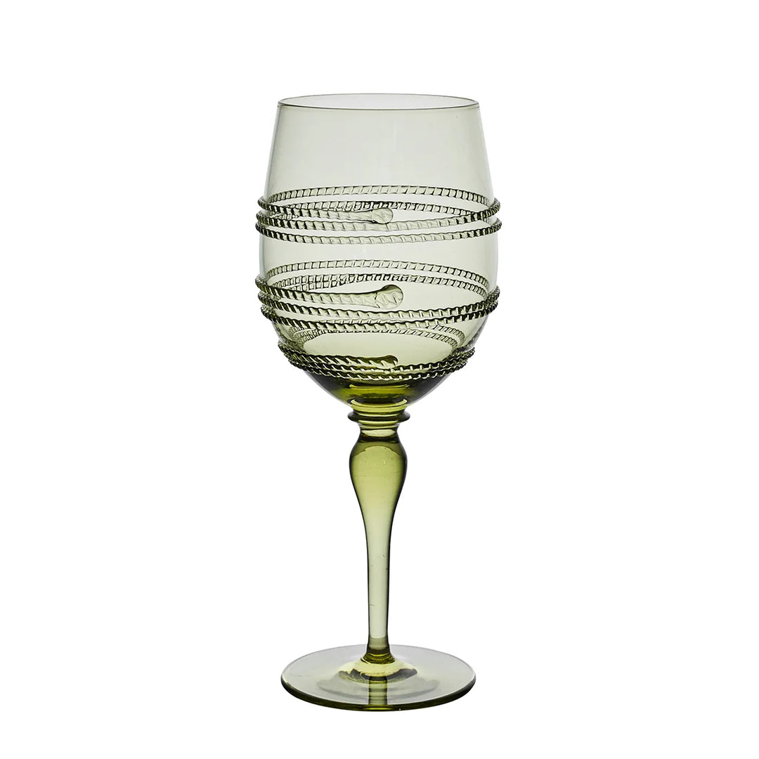 Olive green wine glass with a slender stem and raised decorative bands encircling the bowl