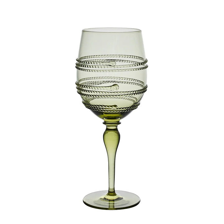 Olive green wine glass with a slender stem and raised decorative bands encircling the bowl