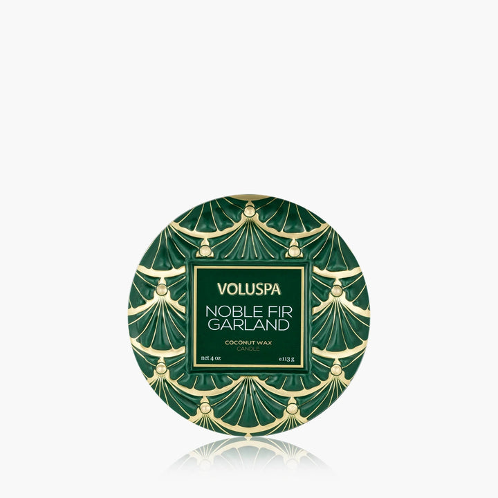 Voluspa Noble Fir Garland Mini Tin Candle in emerald green and gold holiday tin with decorative lid
