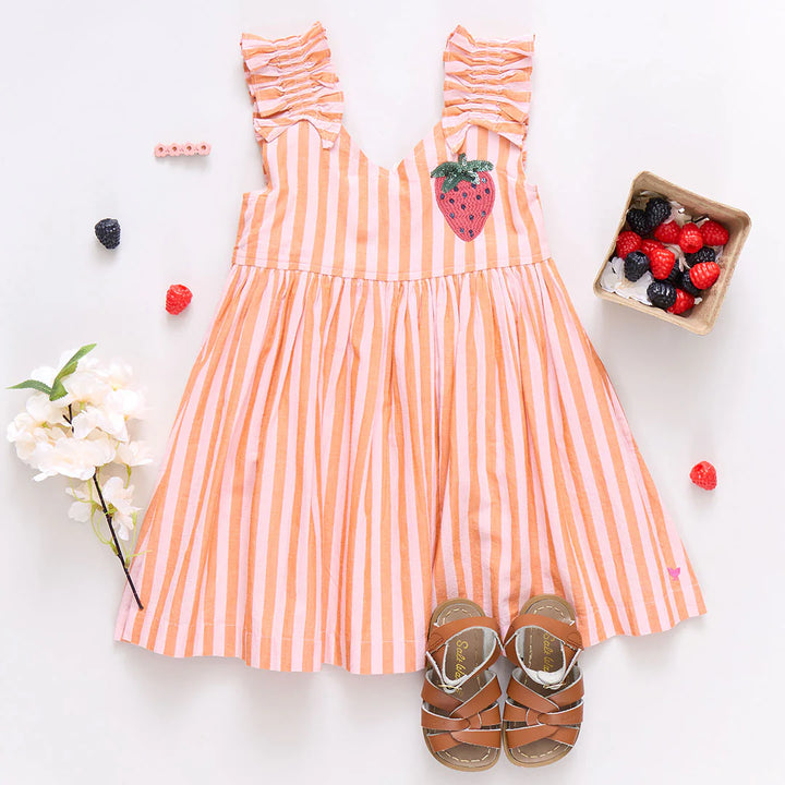 Girls Via Dress - Orange Pink Stripe