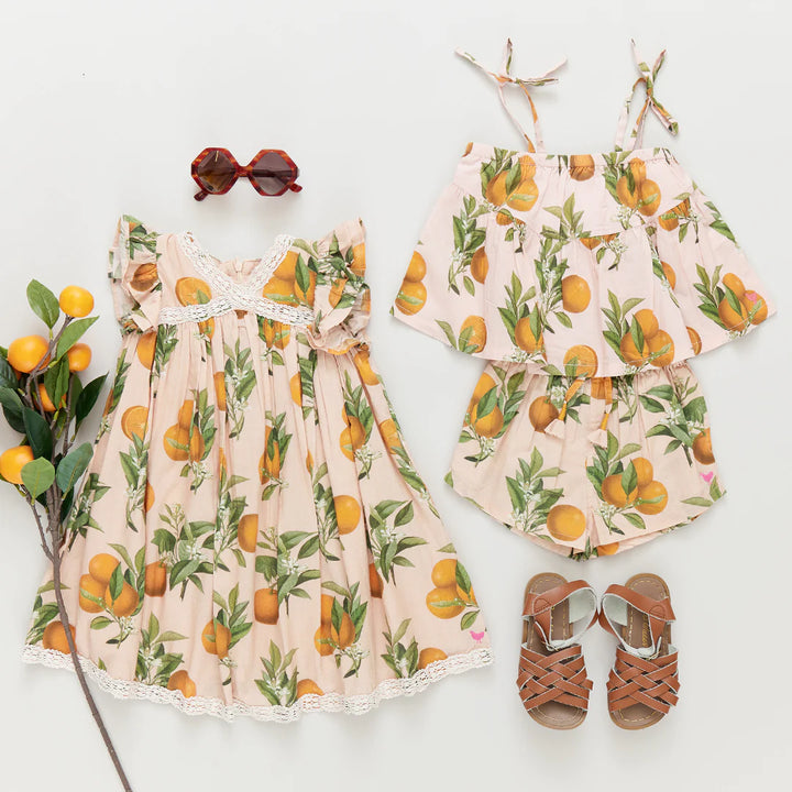 Girls Katherine Dress - Pink Botanical Oranges