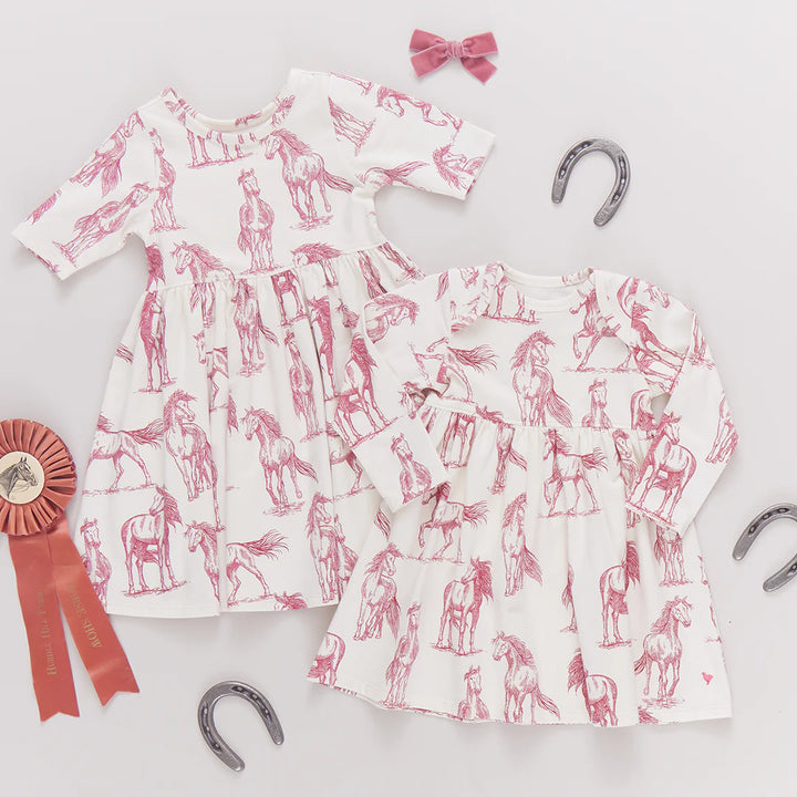 Girls Organic Steph Dress - Vintage Rose Horses