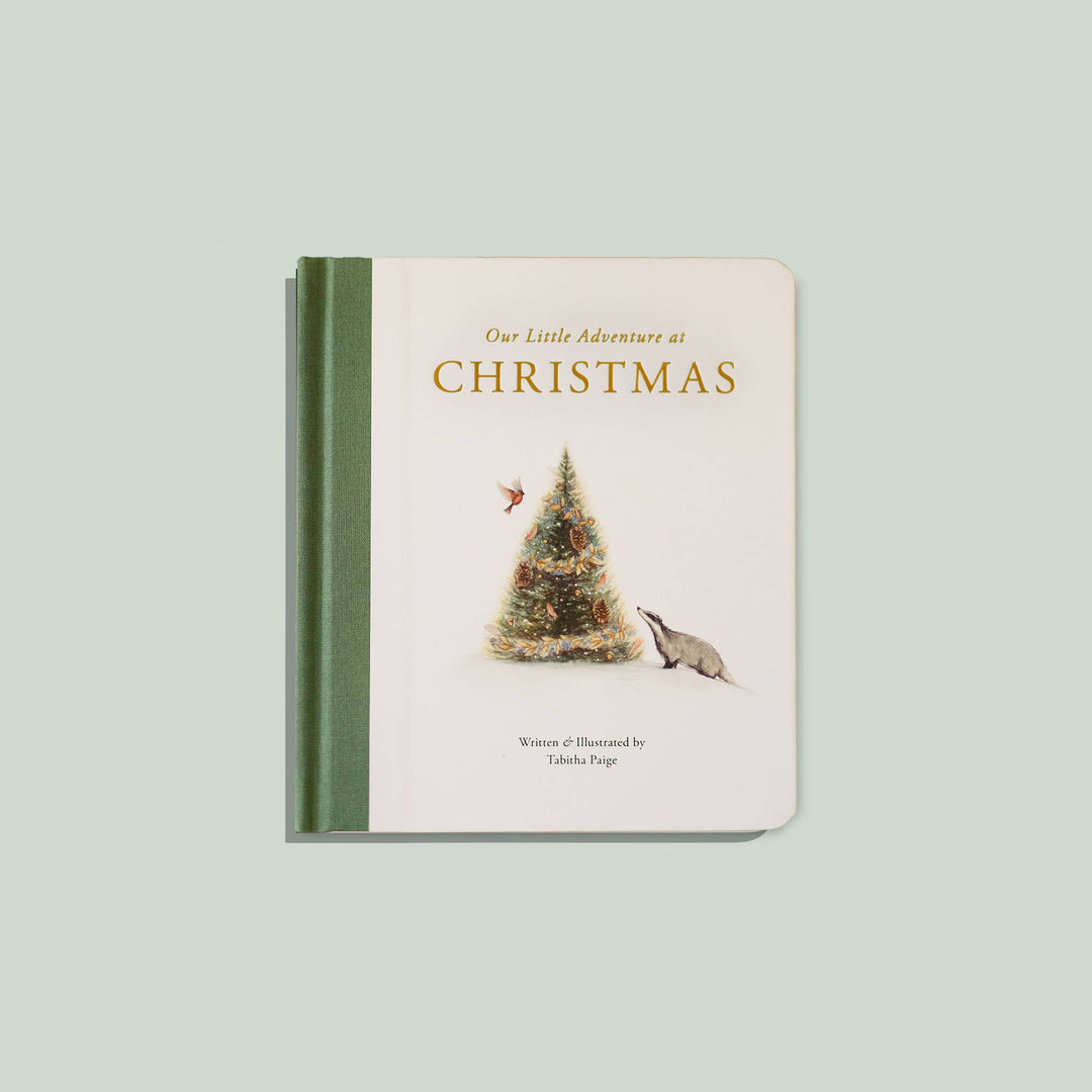 Front cover of Our Little Adventure at Christmas by Tabitha Paige featuring Badger and a decorated Christmas tree