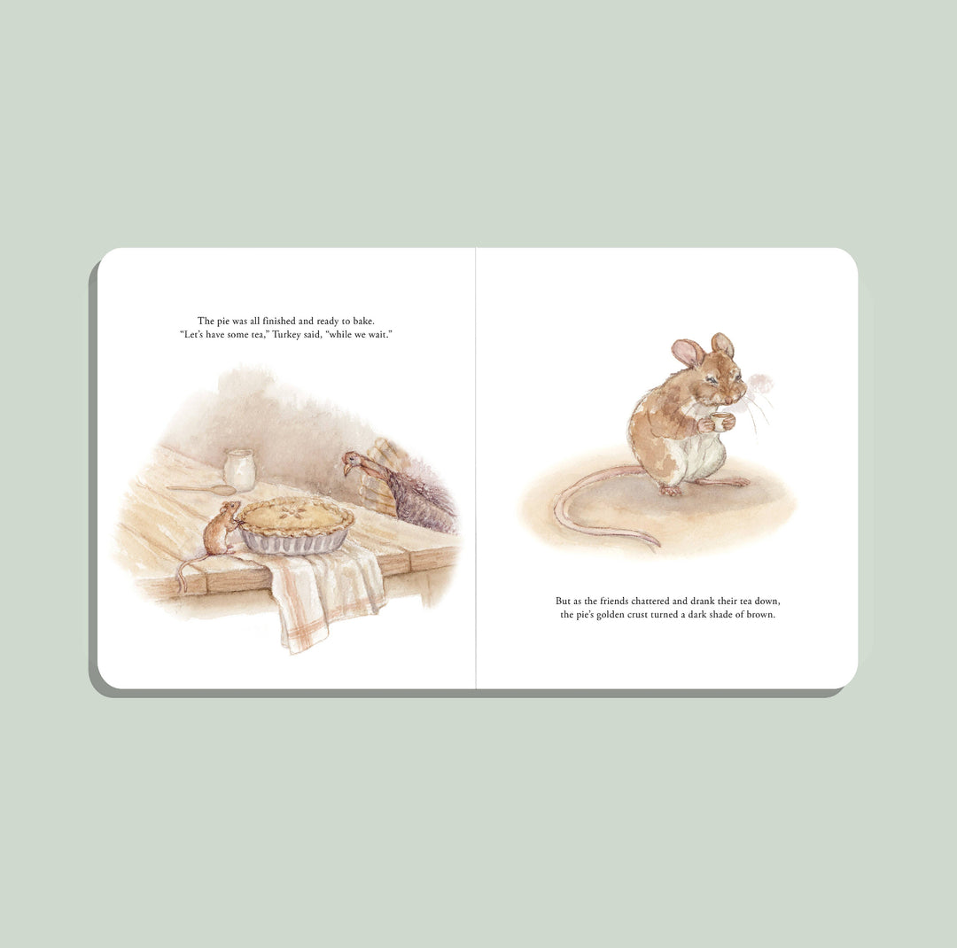 Our Little Adventure at Thanksgiving interior spread with watercolor illustrations of Turkey, Mouse, and a pie
