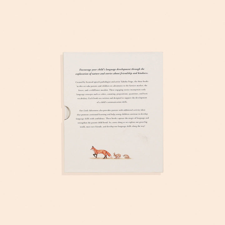 Back cover of Our Little Adventures board book box set with language development description and fox illustration