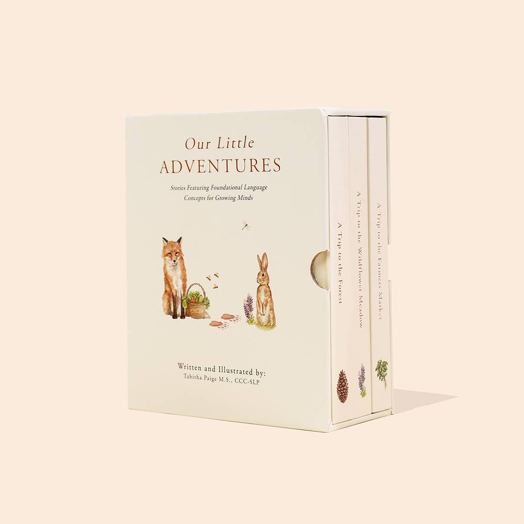 Our Little Adventures board book box set with three books featuring farmers market, wildflower meadow and forest stories