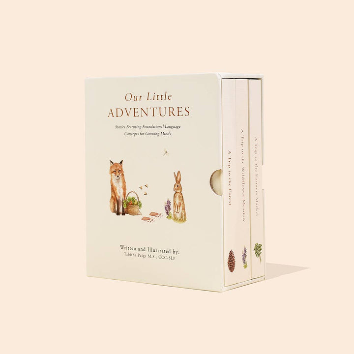 Our Little Adventures board book box set with three books featuring farmers market, wildflower meadow and forest stories