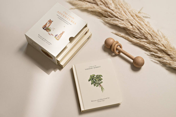Our Little Adventures board book box set styled with A Trip to the Farmers Market book, wooden baby rattle and dried grasses