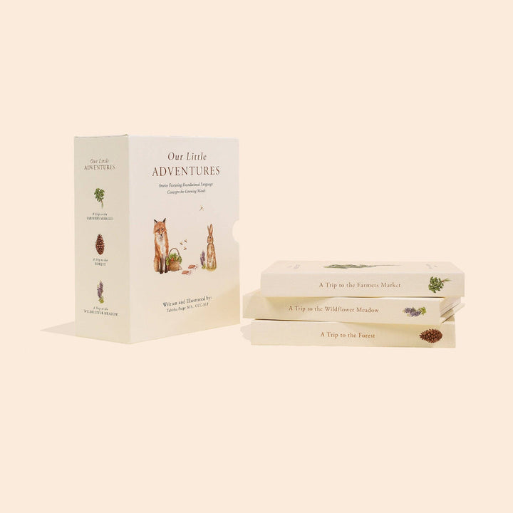 Our Little Adventures board book box set with three books featuring farmers market, wildflower meadow and forest themes