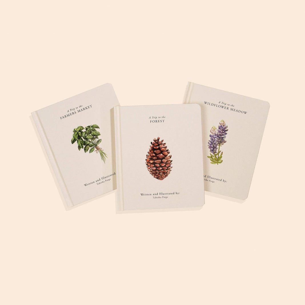 Our Little Adventures board books featuring A Trip to the Farmers Market, A Trip to the Forest and A Trip to the Wildflower Meadow
