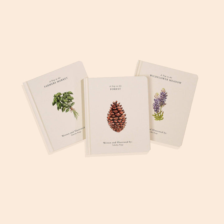Our Little Adventures board books featuring A Trip to the Farmers Market, A Trip to the Forest and A Trip to the Wildflower Meadow
