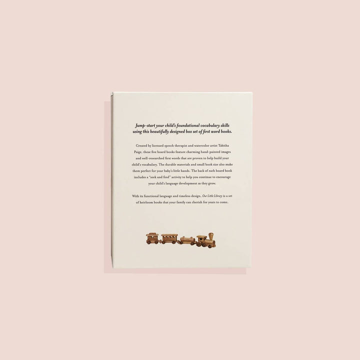 Back cover of Our Little Library Vol. 1 five board book box set with product description and illustrated wooden train