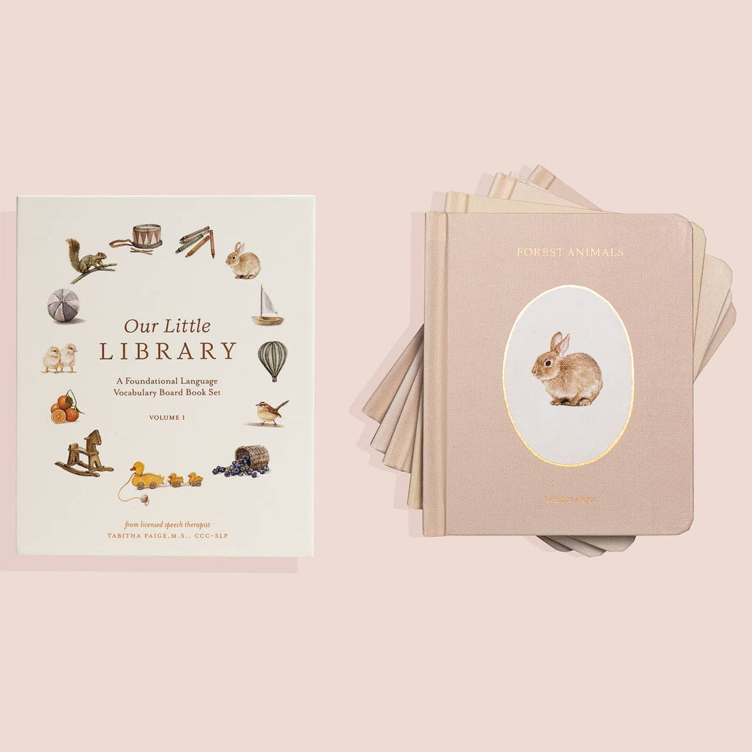 Our Little Library Vol. 1 box set displayed beside its Forest Animals board book featuring a rabbit illustration