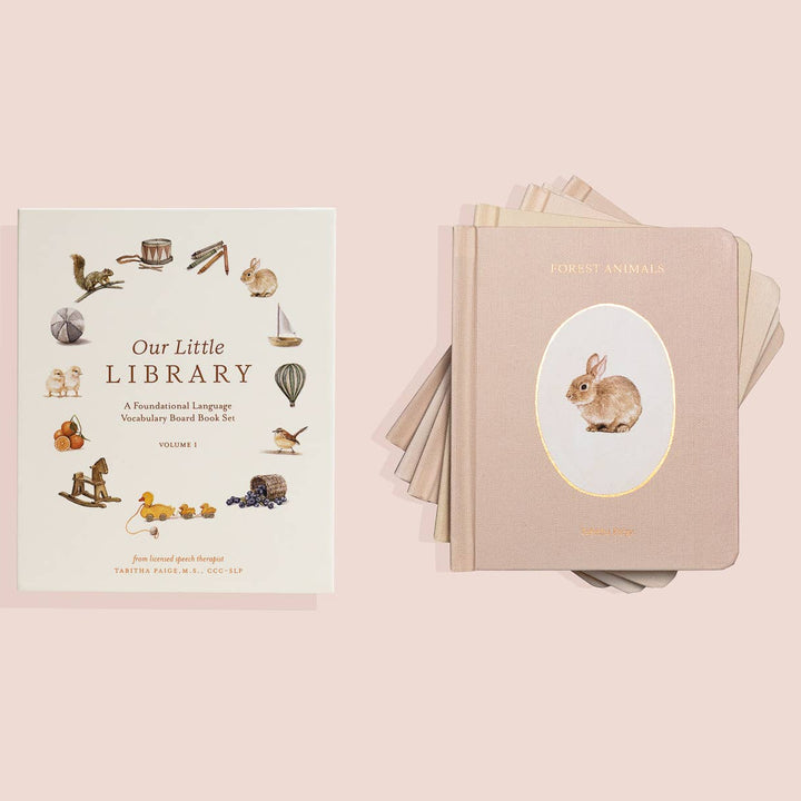 Our Little Library Vol. 1 box set displayed beside its Forest Animals board book featuring a rabbit illustration