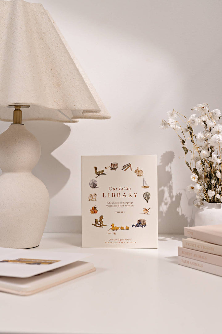 Our Little Library Vol. 1 five board book box set displayed upright beside a lamp, flowers, and stacked books