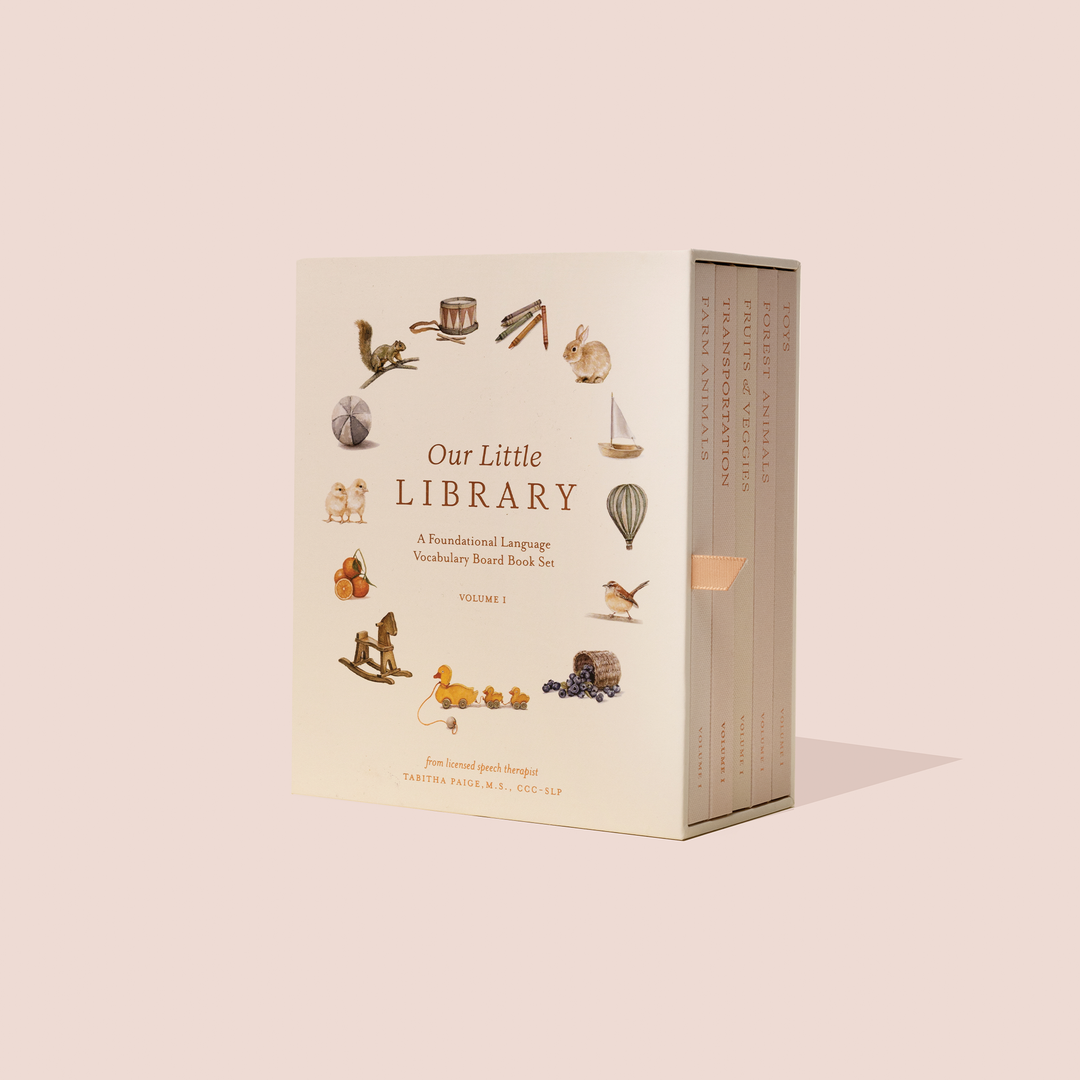Our Little Library Vol. 1 five board book box set showing the illustrated front cover and five book spines