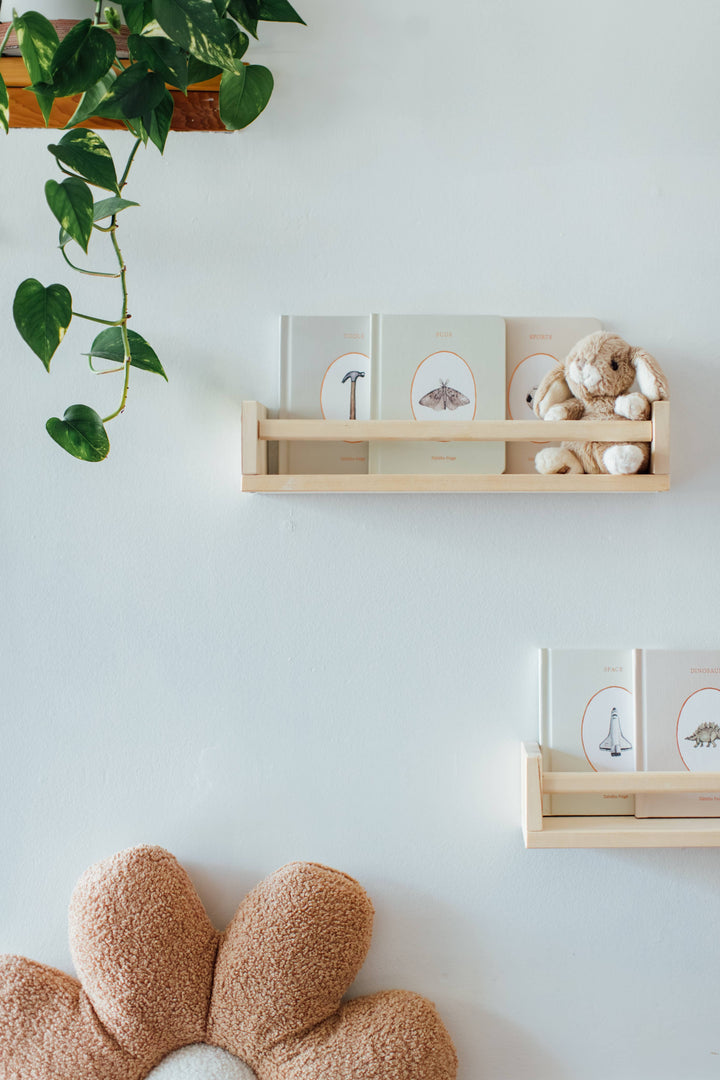 Our Little Library Vol. 3 board books displayed on nursery wall shelves with a stuffed bunny and flower cushion