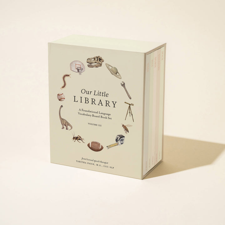 Our Little Library Vol. 3 five board book set in its illustrated slipcase featuring foundational language vocabulary themes