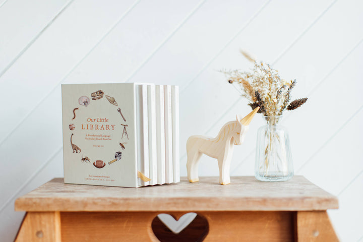 Our Little Library Vol. 3 five board book set displayed with its slipcase, wooden unicorn, and dried flowers