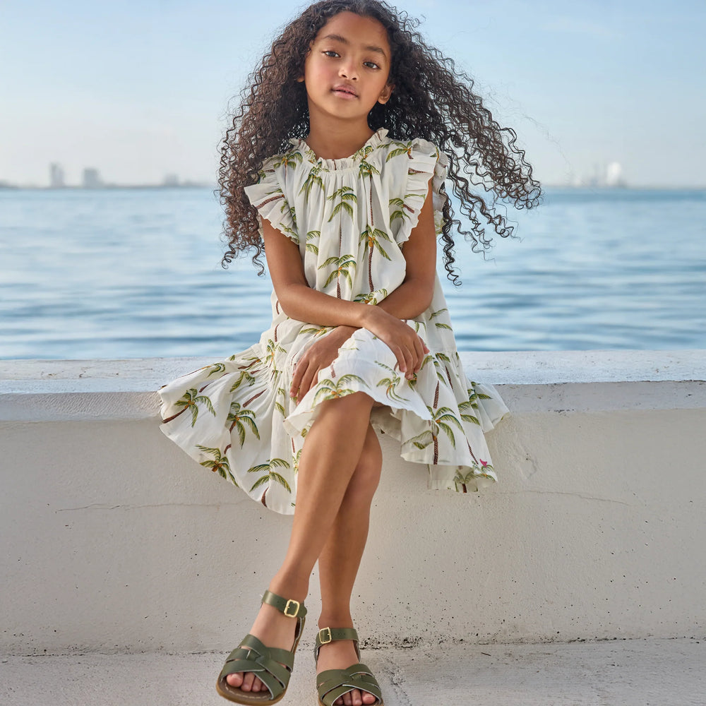 Girls Harper Dress - Cream Palm Trees