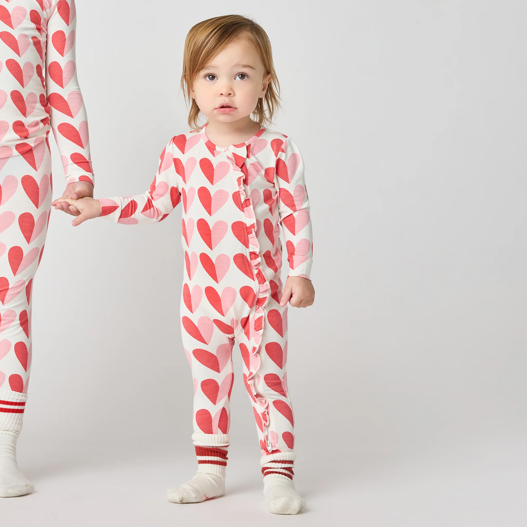 Baby Ruffle Bamboo Romper - Pink Half Hearts