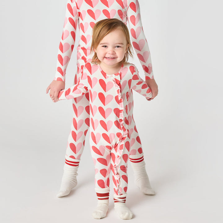 Baby Ruffle Bamboo Romper - Pink Half Hearts