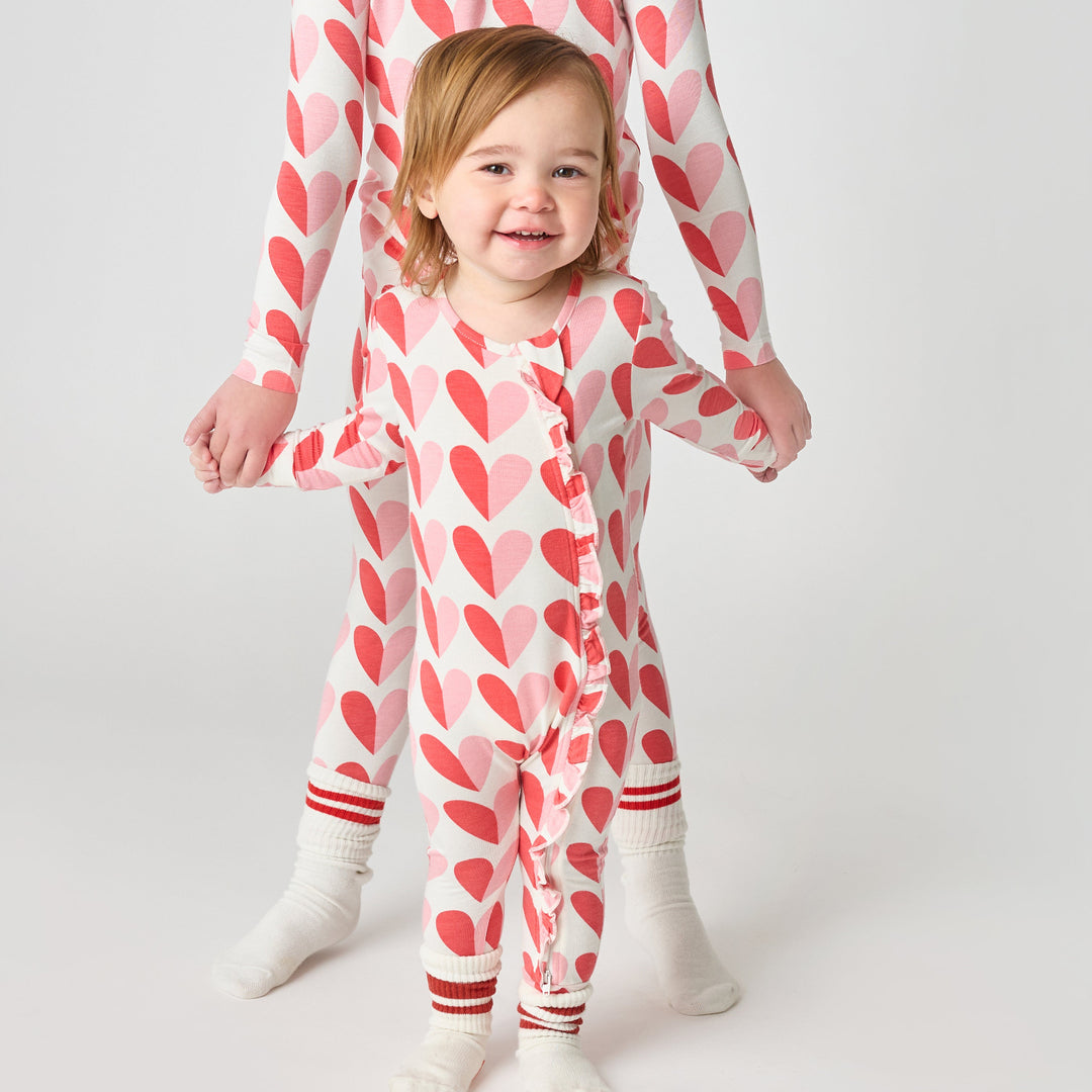 Baby Ruffle Bamboo Romper - Pink Half Hearts