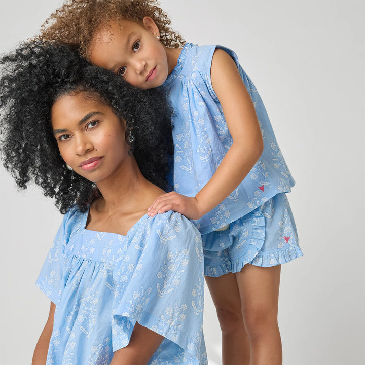 Girls Misha Top - Blue Dewdrop Block Print