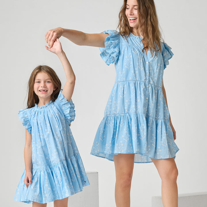 Girls Harper Dress - Blue Dewdrop Block Print