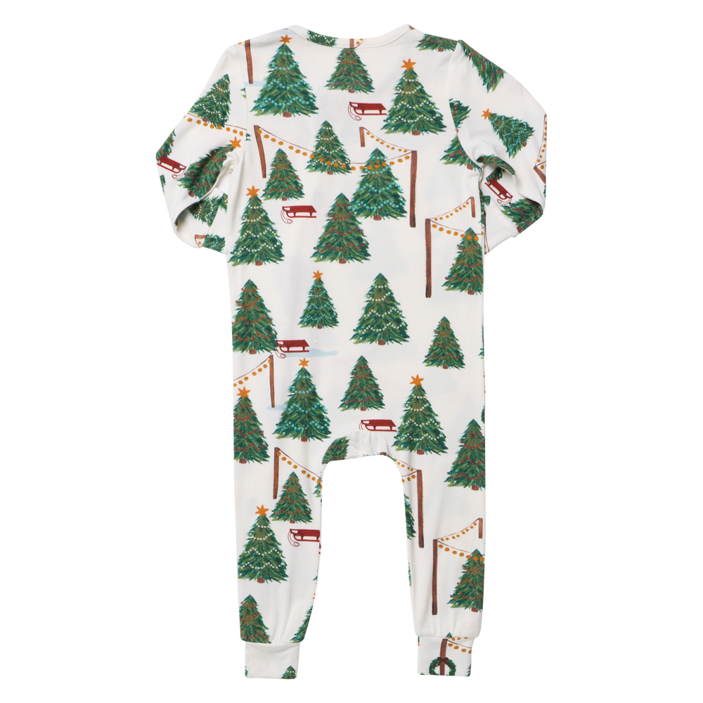 Flat image of the back of Pink Chicken's Baby Bamboo Zip-front romper in their new "Christmas Tree Farm" Print. 
