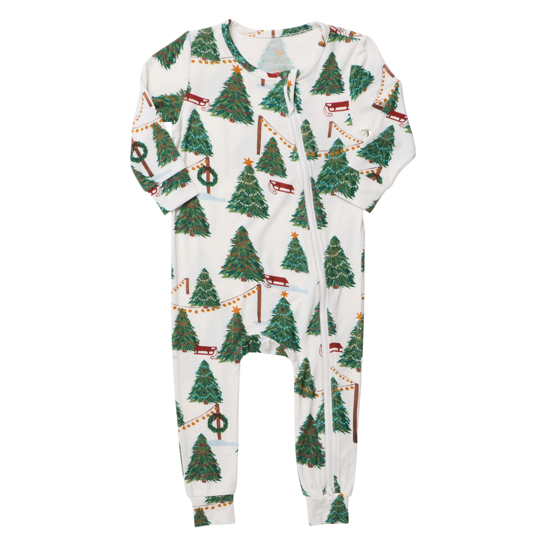 Flat image of the front of Pink Chicken's Baby Bamboo Zip-front romper in their new "Christmas Tree Farm" Print. 