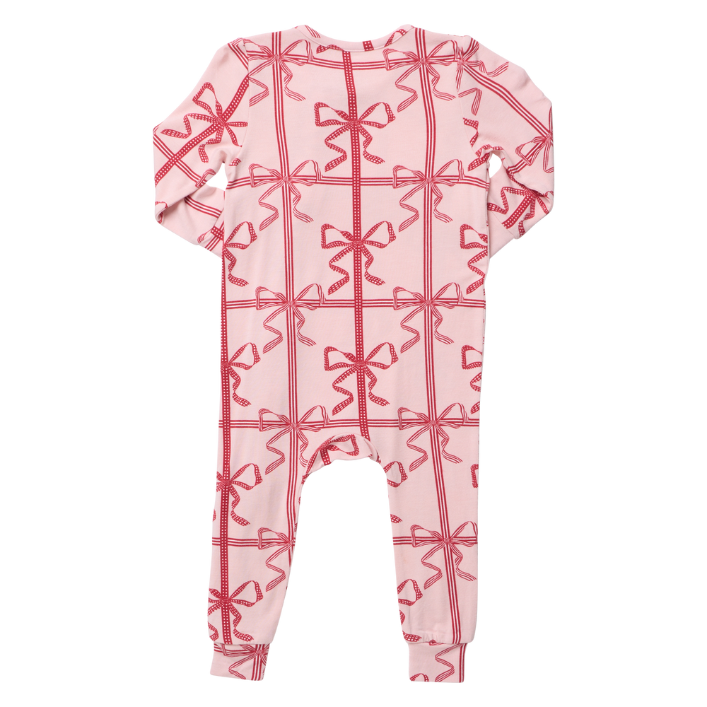 Flat image of the the back of Pink Chicken's Baby Bamboo Romper in the print 'Pink Present Bow'. 