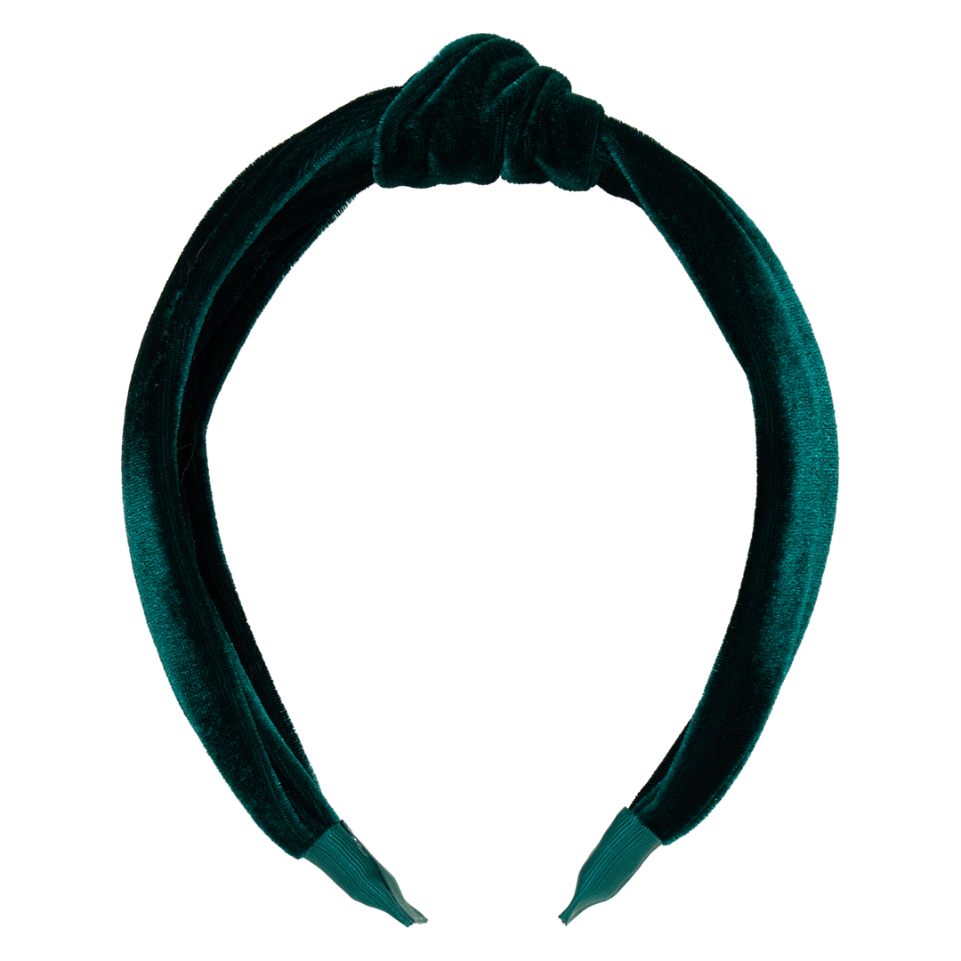Flat image of Pink Chicken's Holly Knot Headband in a Velour Hunter Green with no background. 