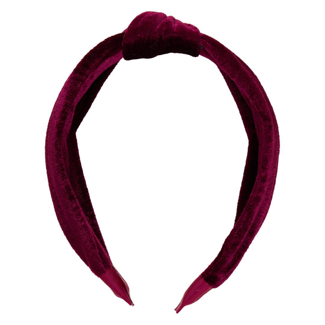 Flat image of Pink Chicken's Holly Knot Headband in Burgundy Velour. 