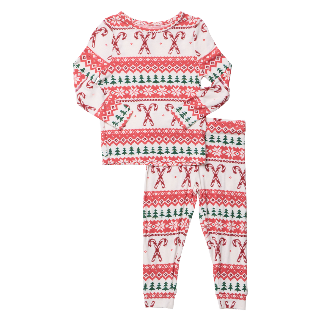Flat image of the front of Pink Chicken's Kids Bamboo PJ Set in their new 'Candy Cane Fair Isle' Print. 