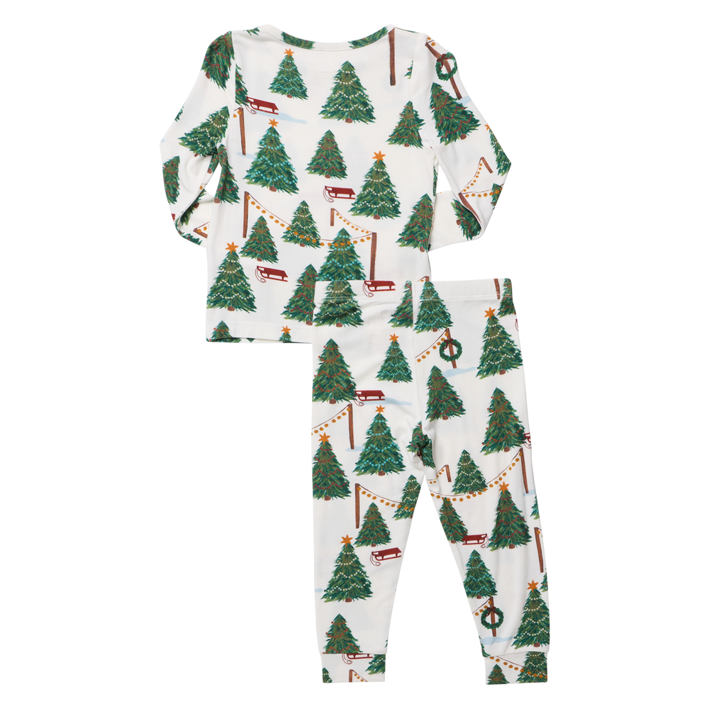 Flat image of the back of Pink Chicken's Kids Bamboo PJ Set in their new 'Christmas Tree Farm' Print, featured with no background.