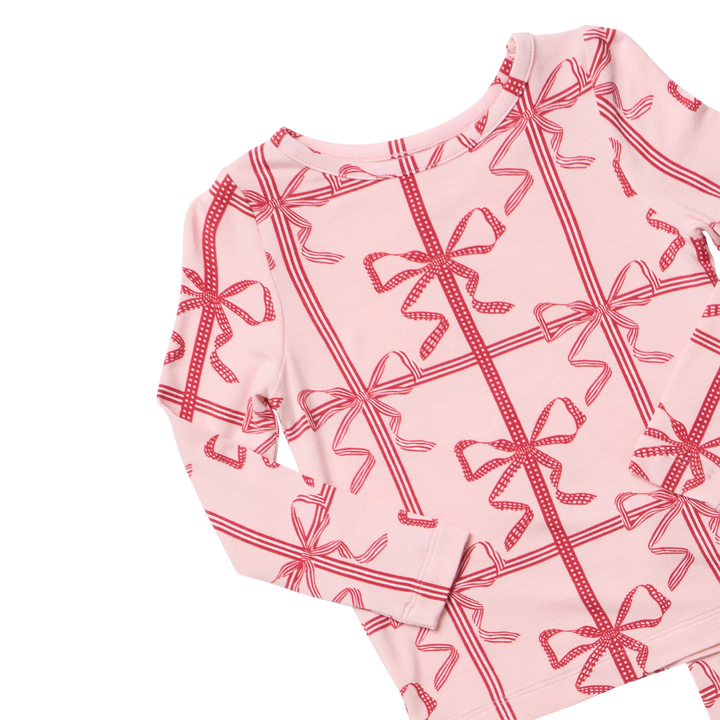Close up flat image of the neckline on Pink Chicken&