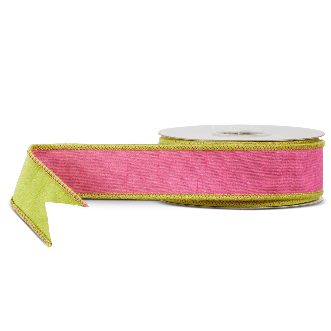 Pink and lime green reversible wired ribbon with contrasting green trim, perfect for Christmas trees, wreaths, bows, garlands, and colorful holiday decorating.