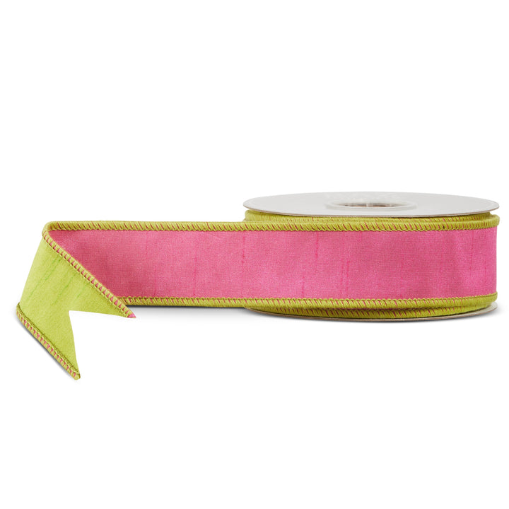 Pink and lime green reversible wired ribbon with contrasting green trim, perfect for Christmas trees, wreaths, bows, garlands, and colorful holiday decorating.